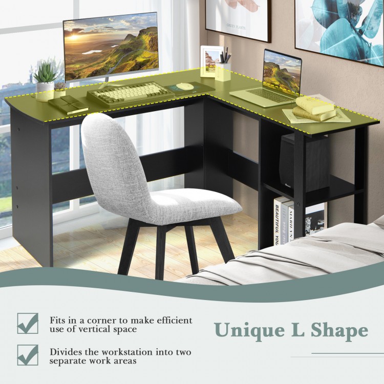 L-shaped computer desk with spacious desktop and 2 open shelves, ideal for corner placement in home offices.